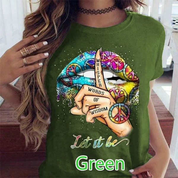 Fashion Women O Neck Colorful Lip Hippie Printed Tee Casual Slim Fit Top Vintage Tee Punk Basic Short Sleeves T Shirt