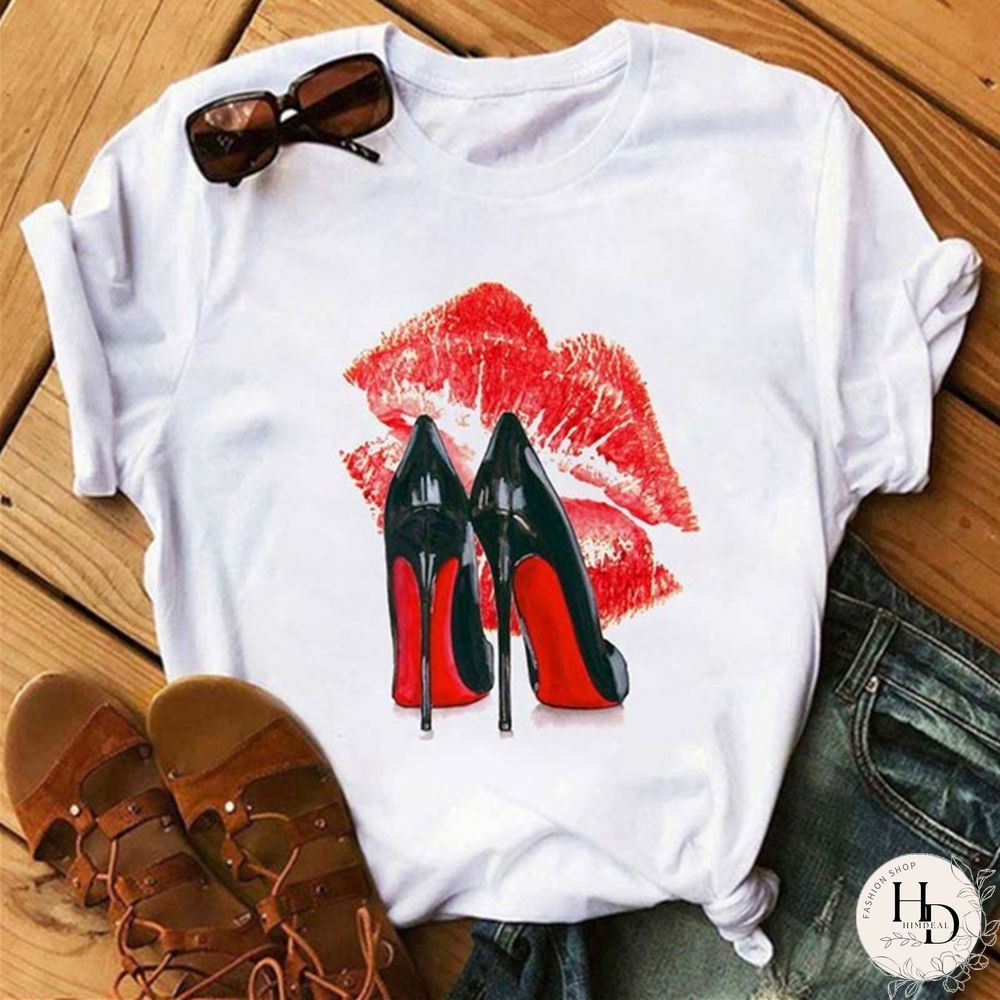 White Rose Red Fashion Casual Lips Printed Basic O Neck Tops