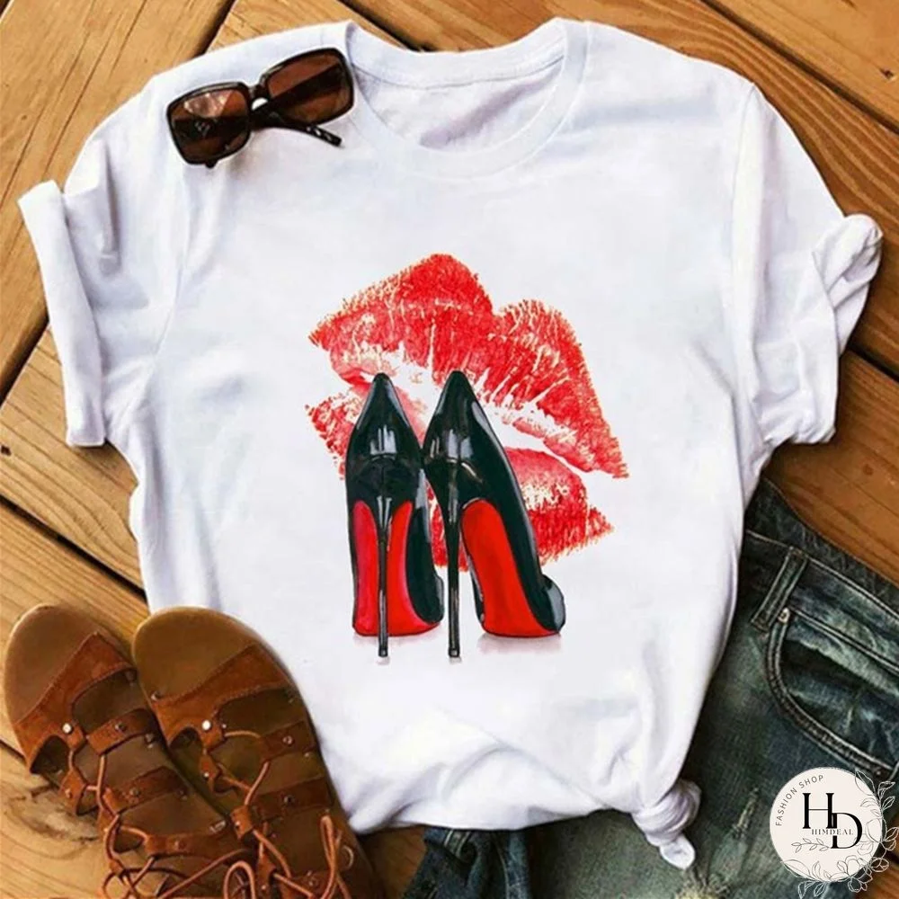 White Rose Red Fashion Casual Lips Printed Basic O Neck Tops