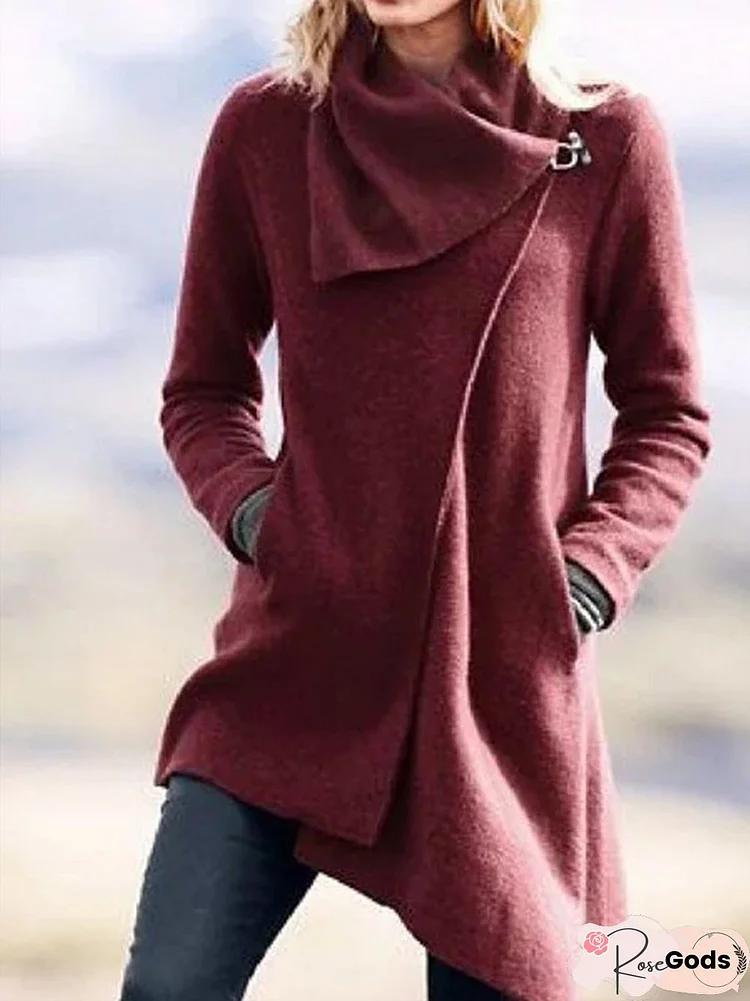 Women Asymmetrical Long Sleeve Cowl Neck Casual Trench Coat