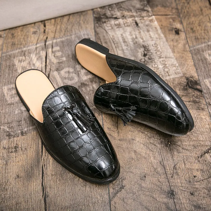 Mules Black Patent Leather Crocodile Men Half Shoes For Man Fashion Designer Shoes Men's Luxury Zapatillas Hombre Casual Slip On