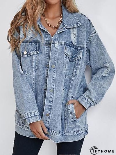 Blue Shirt Collar Plain Long Sleeve Denim Denim Jacket | IFYHOME