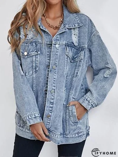Blue Shirt Collar Plain Long Sleeve Denim Denim Jacket | IFYHOME