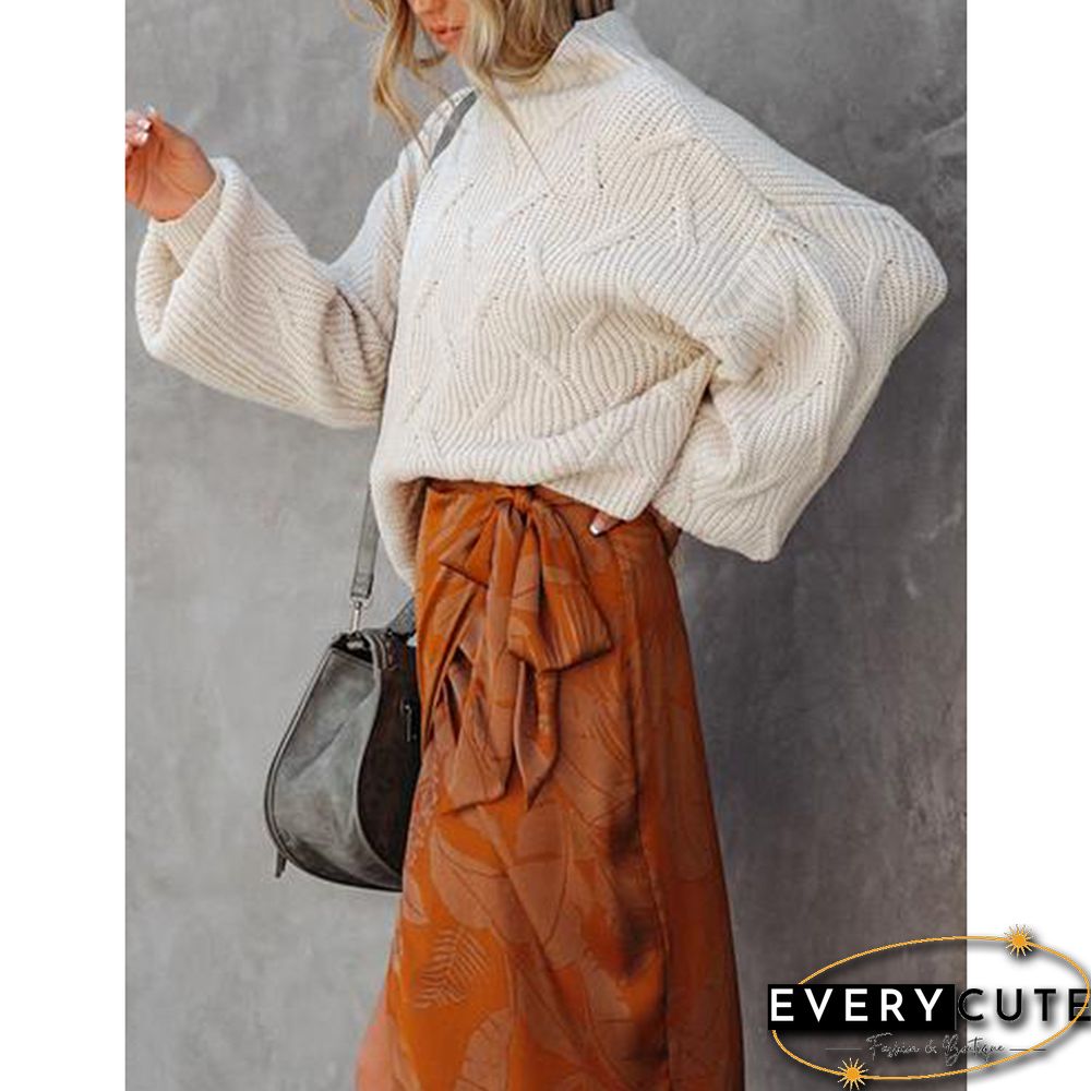 White Textured Mock Neck Solid Color Sweater