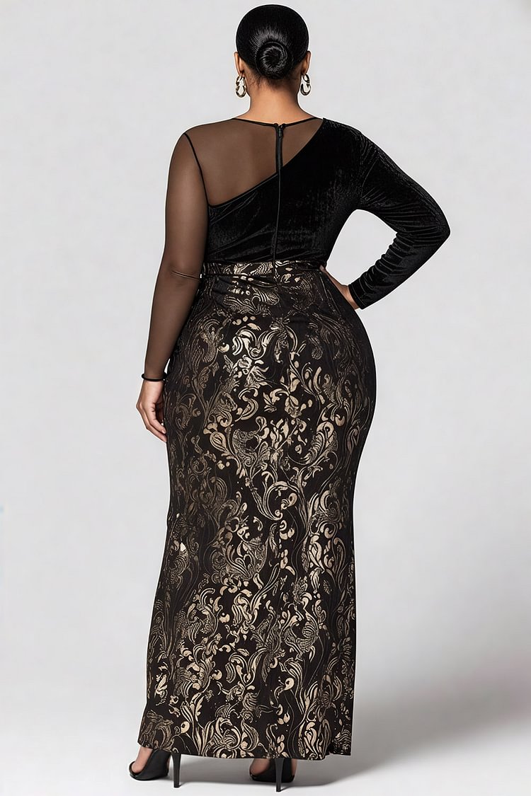 Xpluswear Design Plus Size Formal Black All Over Print Round Neck Long Sleeve Contrast Elegant Split Velvet Maxi Dresses [Pre-Order]