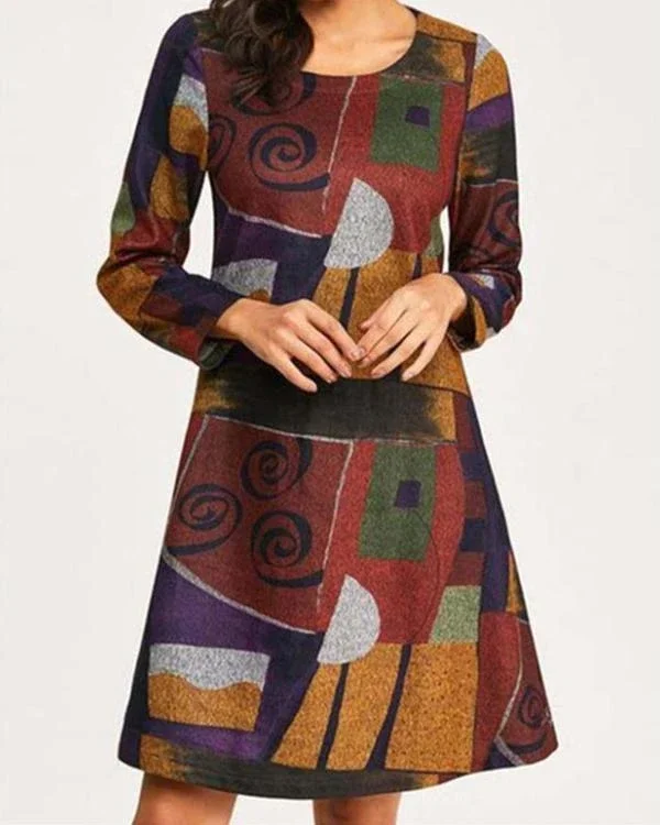 casual color block round neckline long sleeve knee length dress p509101