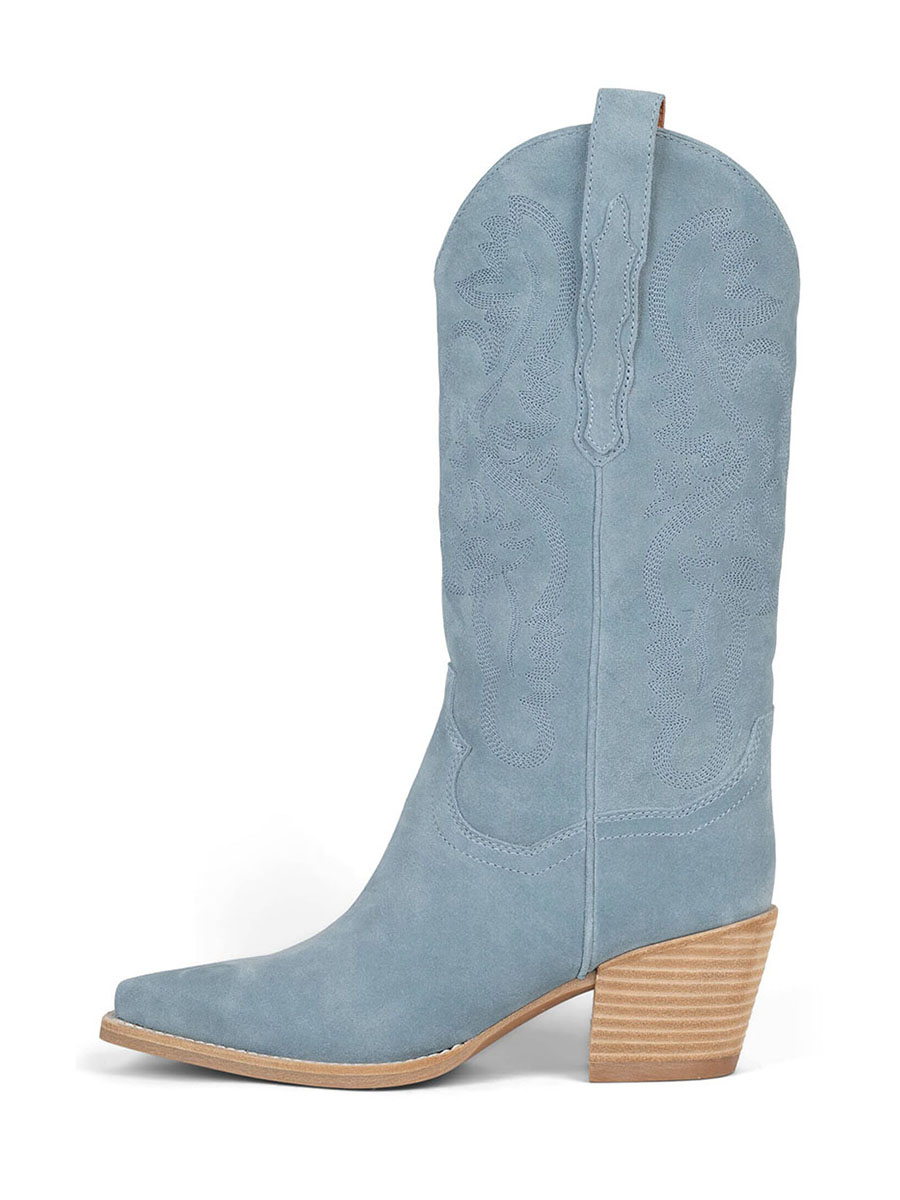Light Blue Vegan Suede Snip Toe Embroidered Heeled Cowgirl Boots
