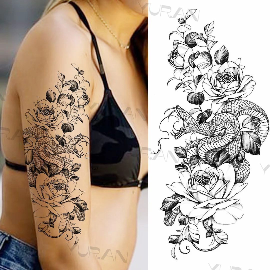Sdrawing Rose Flower Temporary Tattoos For Women Realistic Snake Butterfly Flora Fake Tattoo Sticker Arm Body Waterproof Tatoos