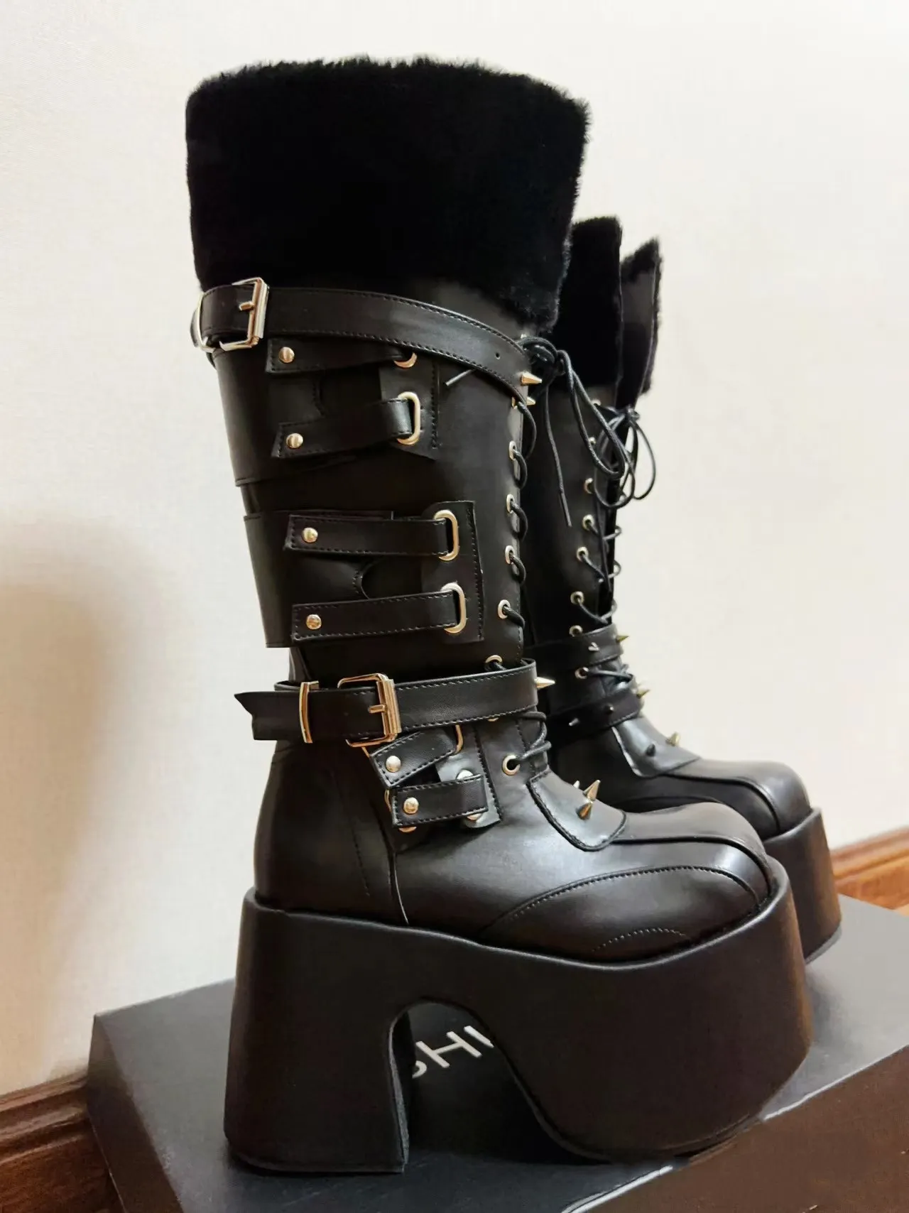 GOOSHOE Martin Motorcycle Boots High Thick Heels Pumps Cool Knight Boots Girl Punk Long Boots Shoes Chain 47