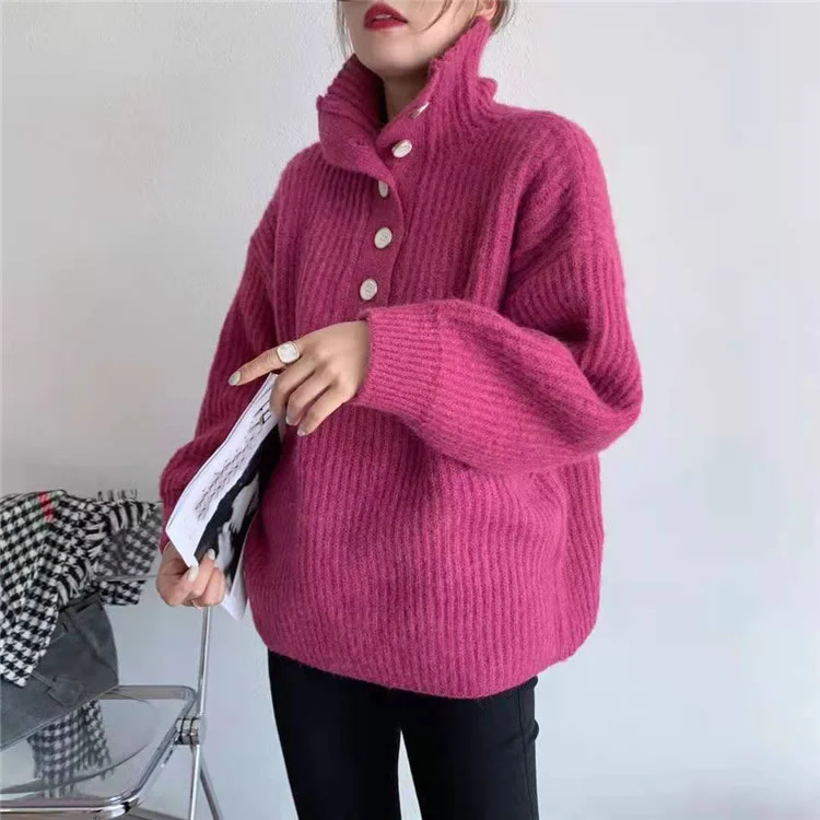 Simple Pink Turtleneck with Buttoned Long Sleeve Knit Pullover