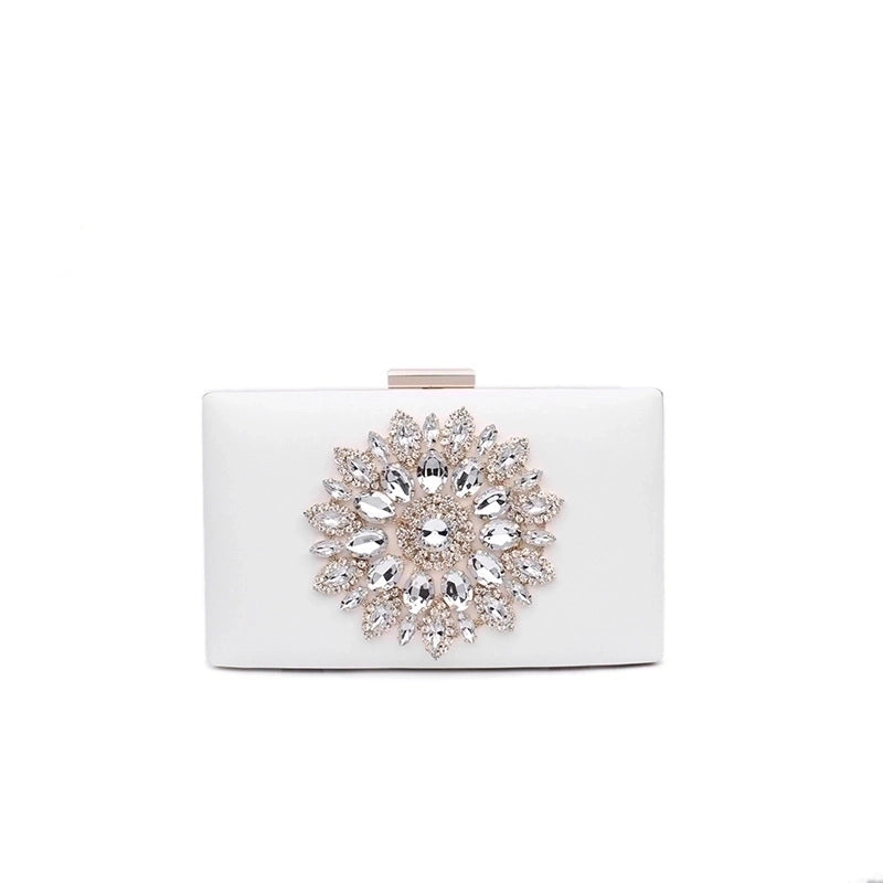 White Red Black Pu Leather Flower Rhinestone Square Evening Bags