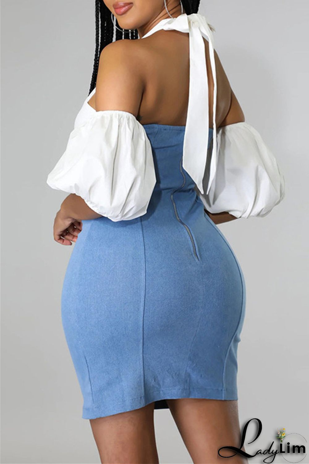 Blue Fashion Sexy Casual Solid Bandage Split Joint Backless Short Sleeve Dress