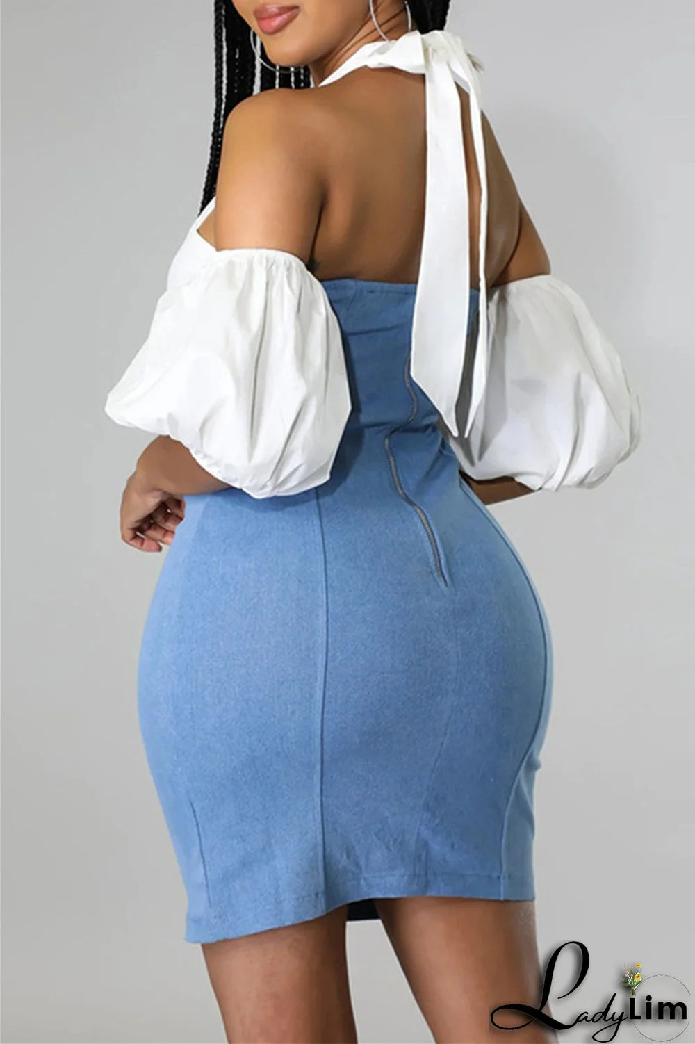 Blue Fashion Sexy Casual Solid Bandage Split Joint Backless Short Sleeve Dress