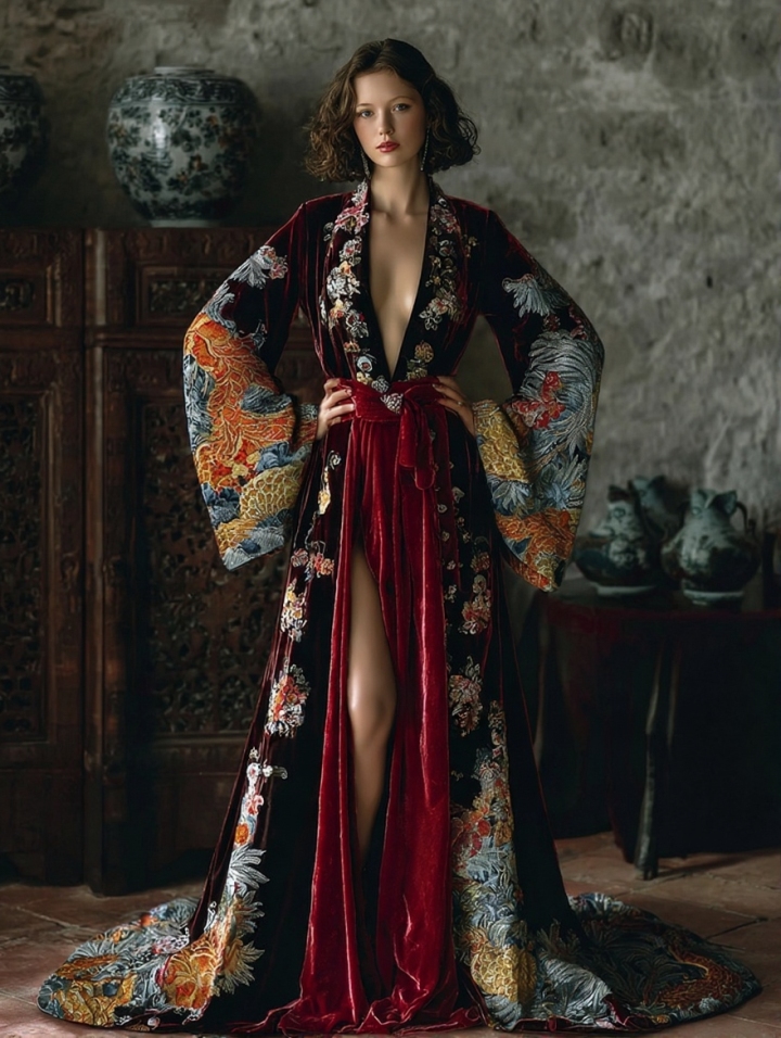 Women's Retro Fit Red Velvet Robe (belt Included)