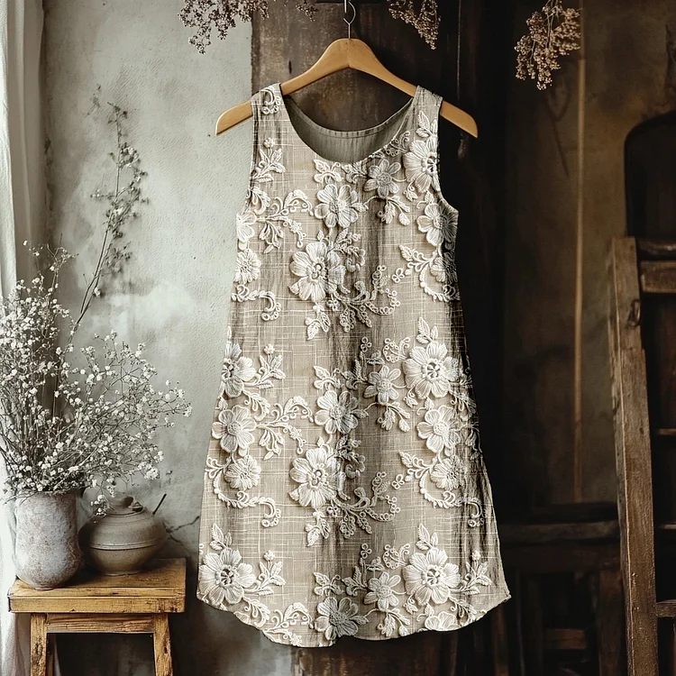 VChics Vintage Floral Lace Embroidered Linen Blend Tank Dress