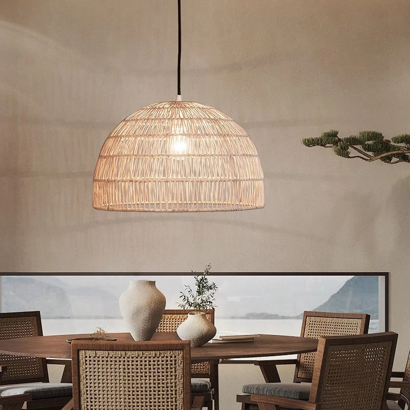Hand-Woven Boho Rattan Pendant Lamp Shade Light Fixture For Kitchen