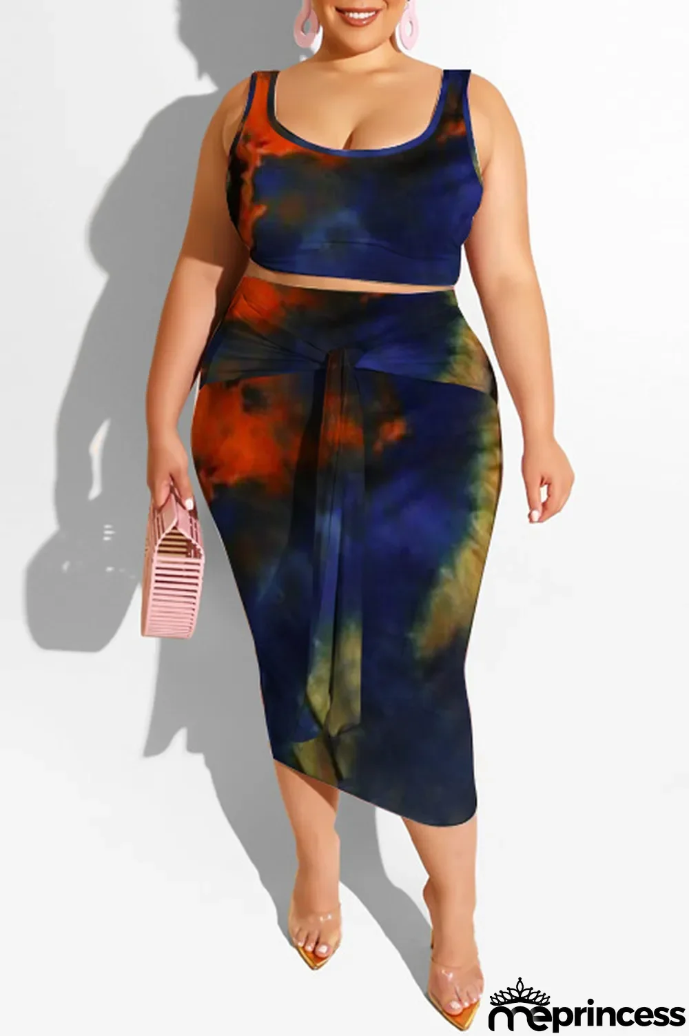 purple Polyester Sexy Slip Print Belt Tie Dye Plus Size