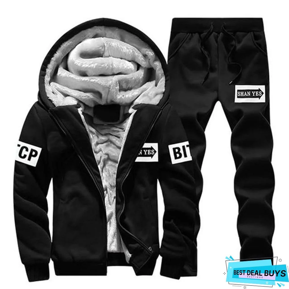 Men Fleece Warm Printed Coat Hooded Pullover Hoodie Sweatshirts Sweatpants Suit