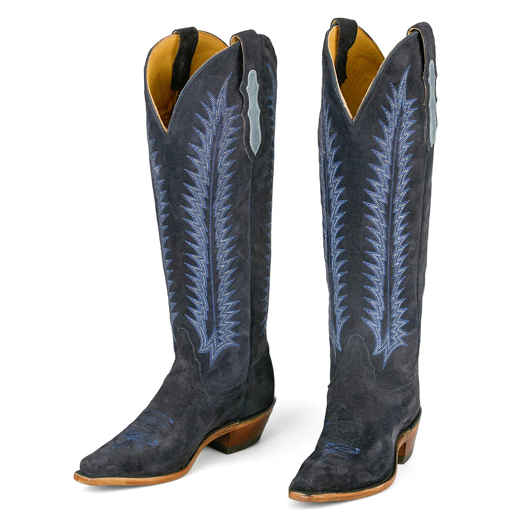Dark Navy Vegan Suede Chunky Heel Embroidered Western Knee High Boots