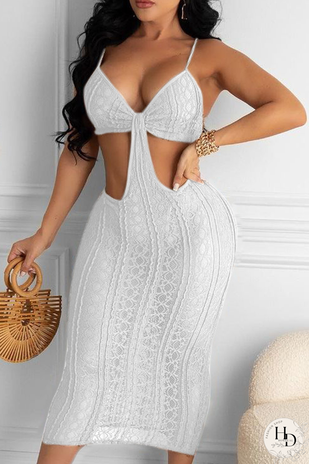 White Sexy Solid Hollowed Out Spaghetti Strap Pencil Skirt Dresses
