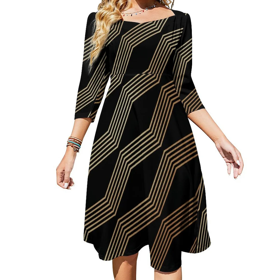 Elegant Modern Abstract Geometric Gold Waves Dress Sweetheart Tie Back Flared 3/4 Sleeve Midi Dresses