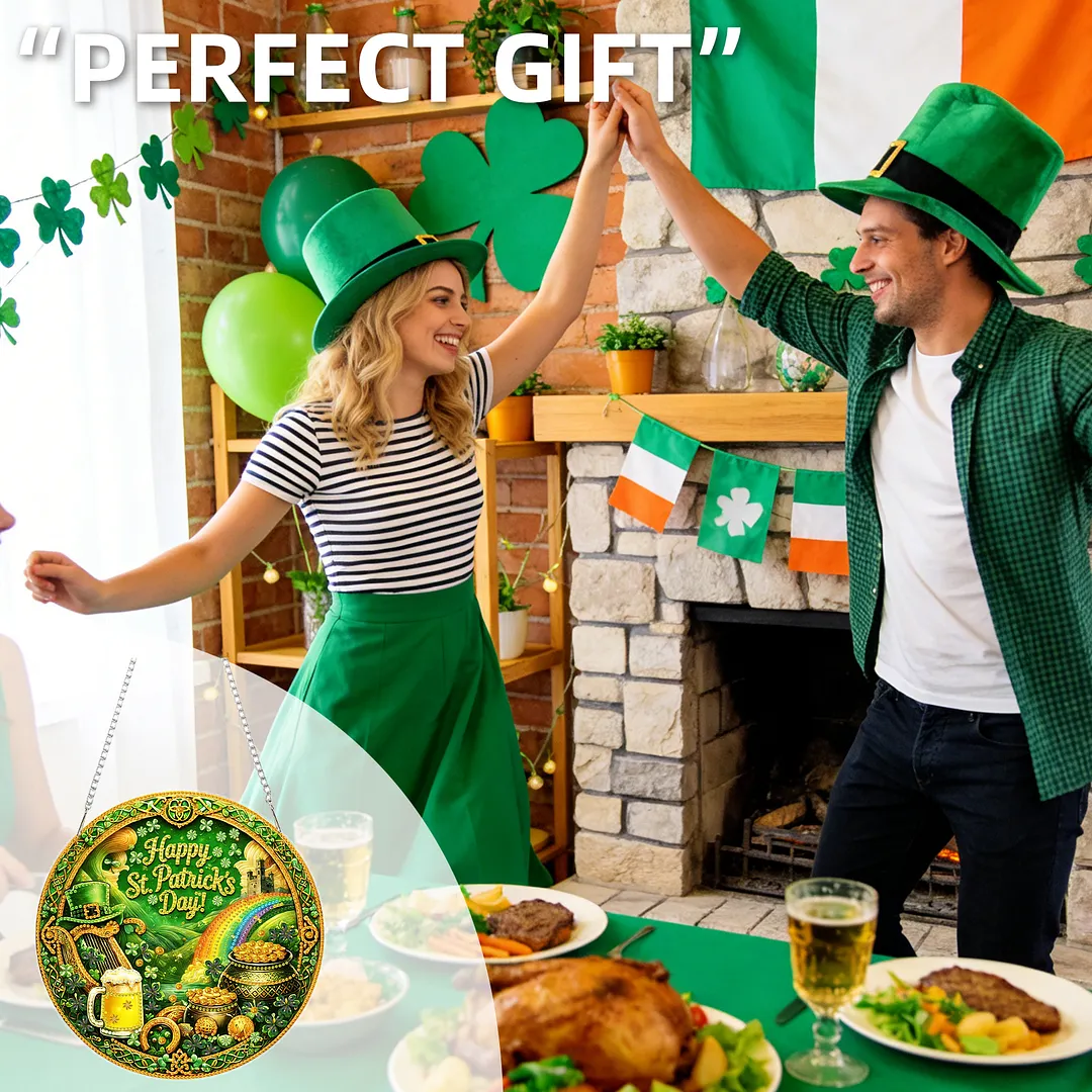 St Patricks Day DIY 2D Flat Acrylic Diamond Painting Kits 5D Diamond Art Painting Window Pendants for Home Garden Wall Decoration