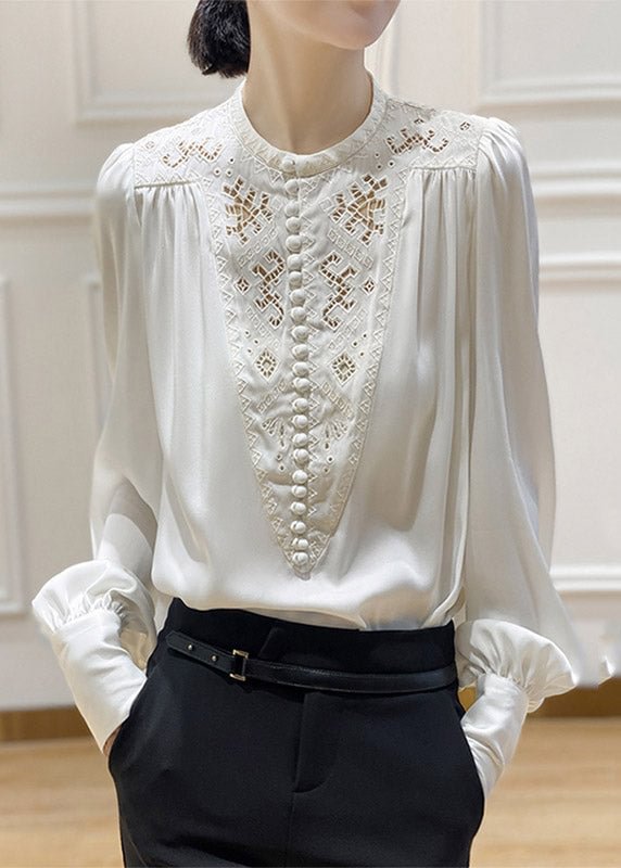 Top Quality White O-Neck Embroideried Floral Silk Shirt Long Sleeve