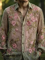 Men's Vintage Pink Floral Embroidered Forest Dyed Linen Shirt