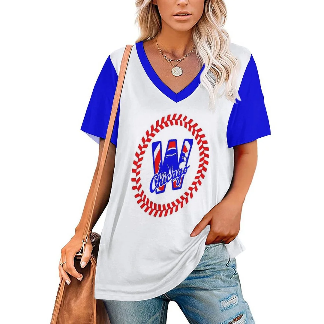 V-neck Short Sleeve Casual T-shirt for  Women Printed with Pattern,Blue,Red