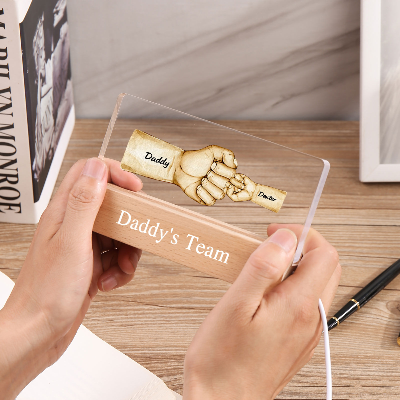 2 Names - Personalised Fist Bump Pattern Table Lamp Customized Text Father's Day Gift for Dad