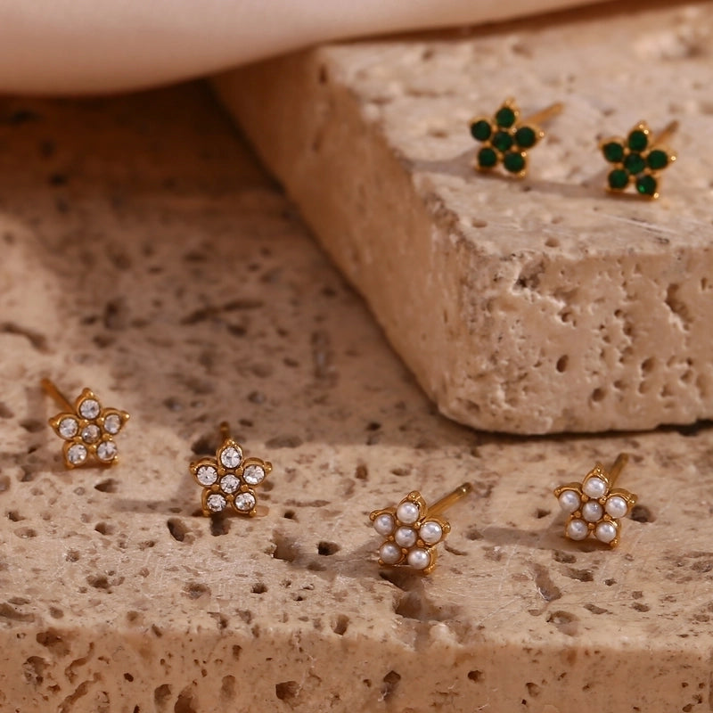 1 Pair Elegant Minimalist Flower Plating Inlay 304 Stainless Steel Rhinestones Pearl 18K Gold Plated Ear Studs