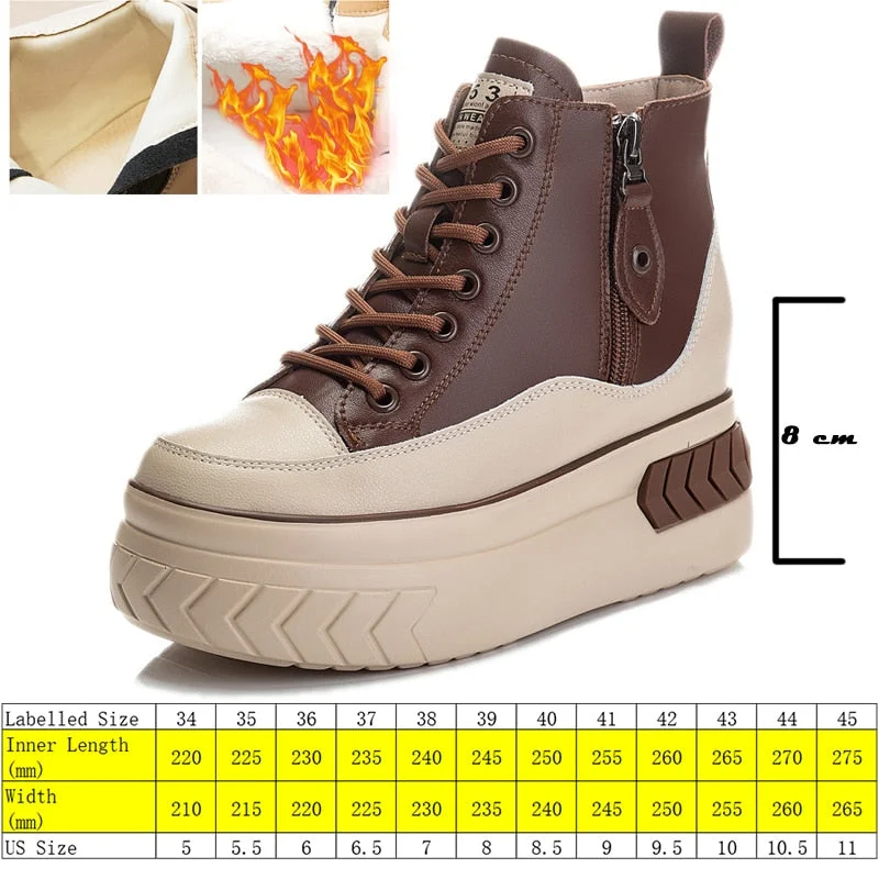 Fujin High Top Women Shoes Genuine Pleather 8cm Platform Wedge Hidden Heel Zipper Spring Autumn Warm Fur Winter Shooes Sneakers