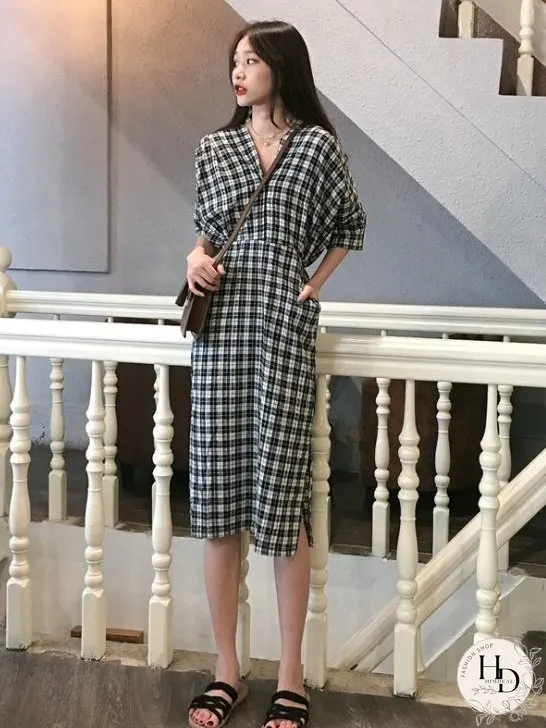 Checked linen cotton dress for Women