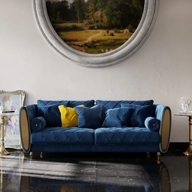Modern Luxury Sofa Velvet Upholstered 3-Seater Sofa With 2 Pillows