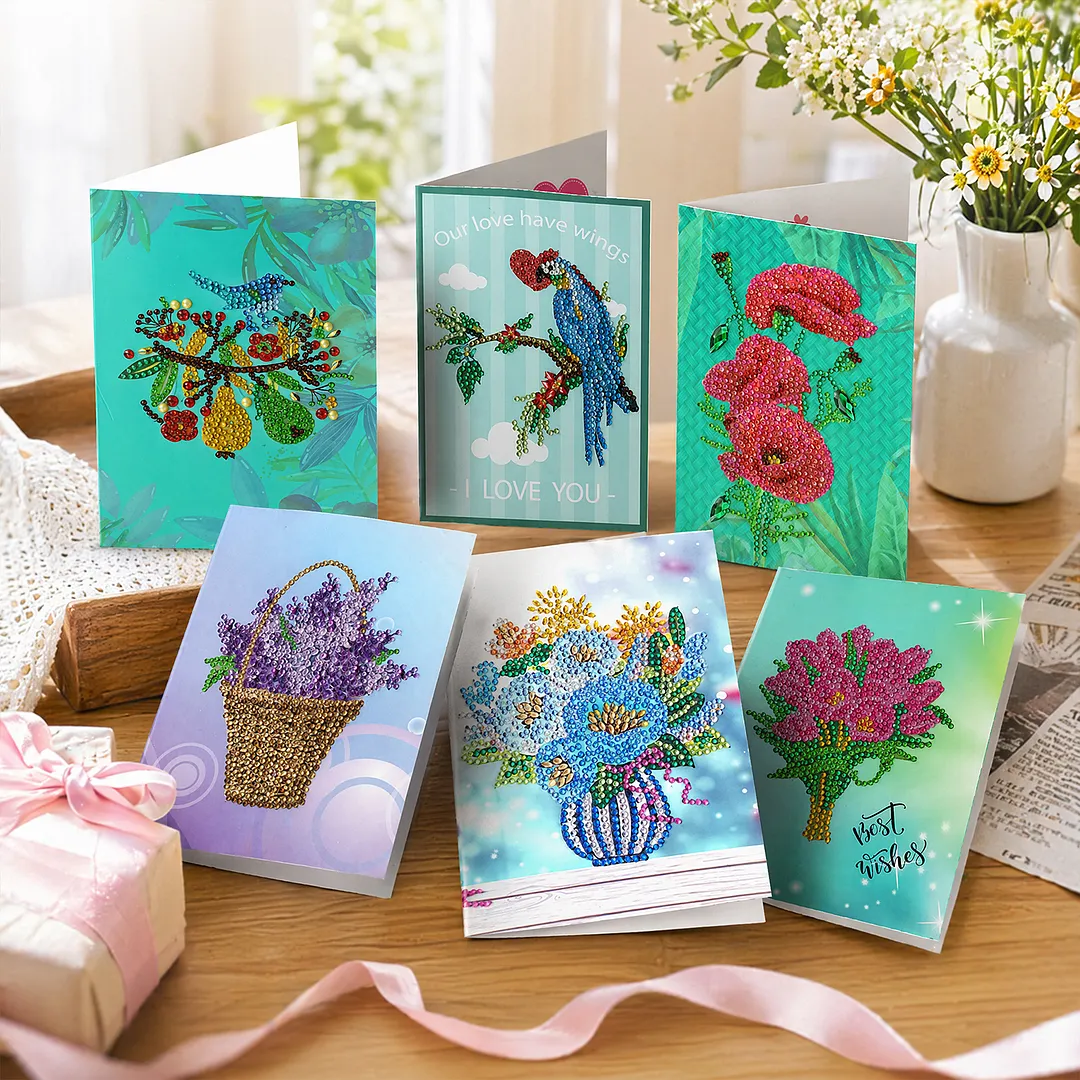 6pcs Flowers and Birds DIY Diamond Painting Greeting Card Kits with Envelopes Diamond Art Greeting Cards Diamond Art Cards Kits for Adults DIY Crafts Family Friend Gifts