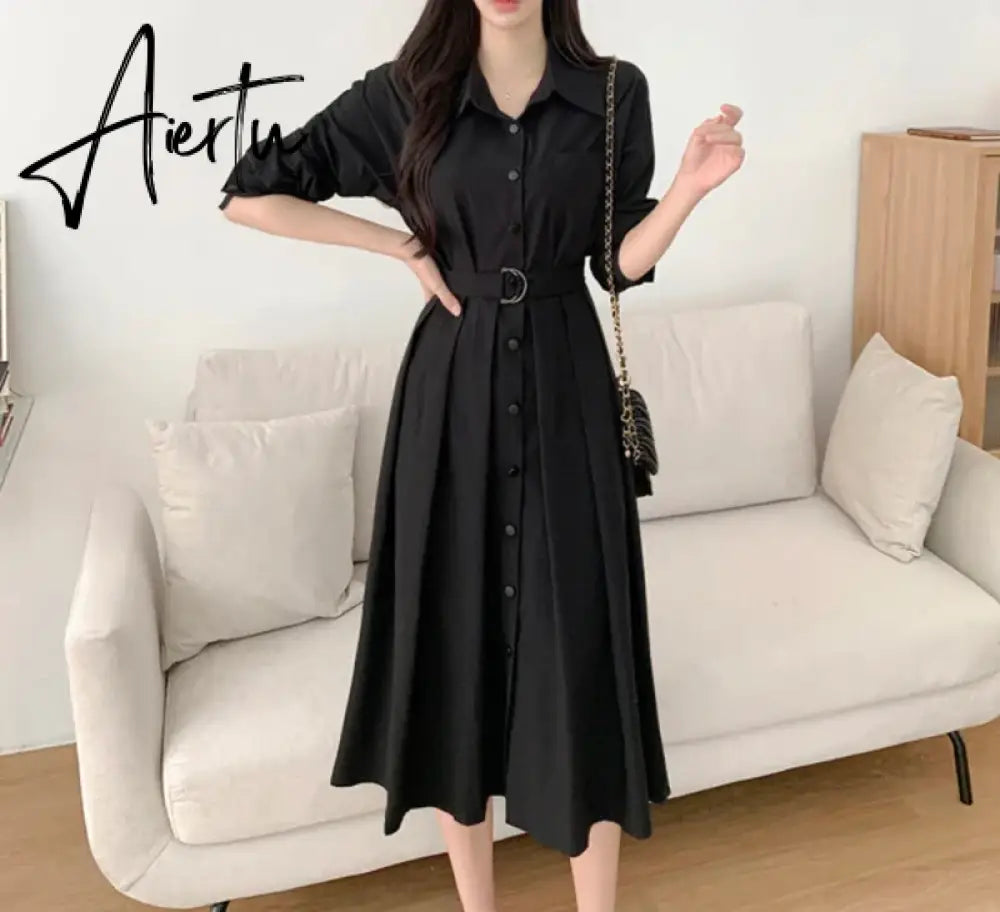 Aiertu Korean Chic French Simple Basic Women Dress Casual Loose Solid Color Slim Woman Dress Black Lady Sweet Elegant Dresses Aiertu