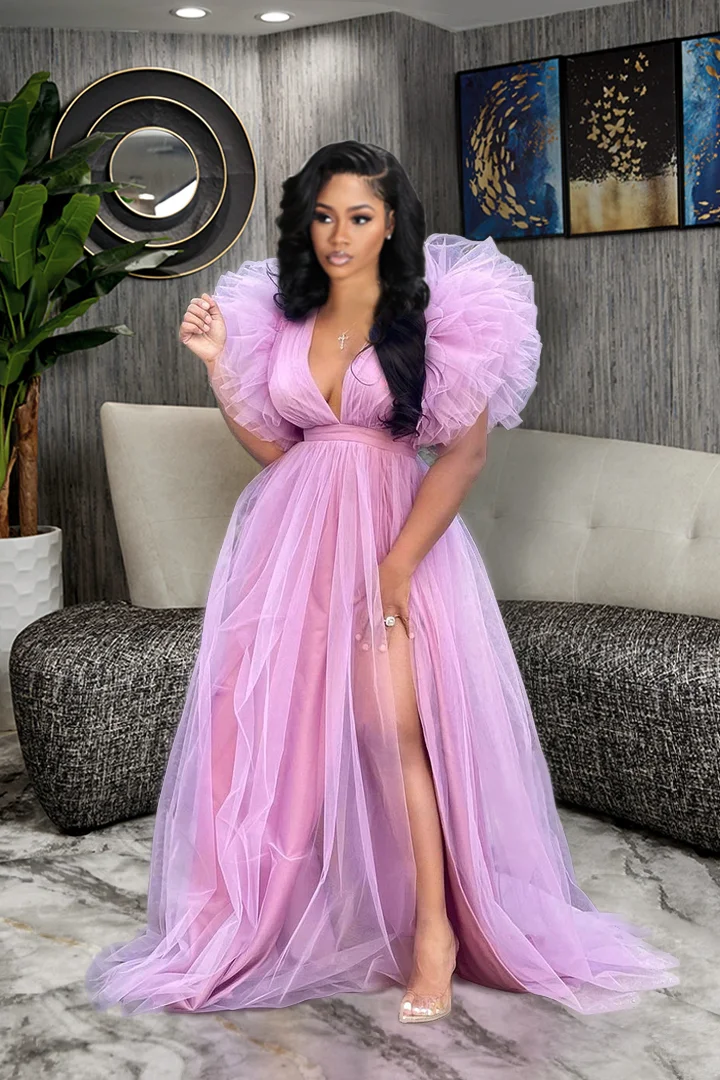 Puffy Sleeves Birthday Tulle Prom Maxi Dresses (Large Size)