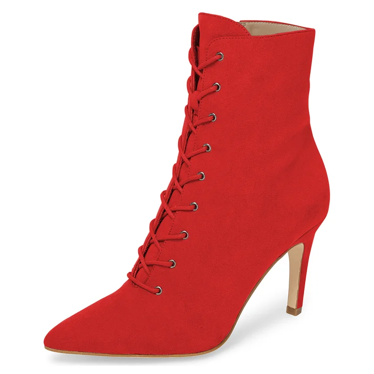 Red Lace up Boots Elegant Pointed Toe Ankle Boots with Zipper |FSJ Shoes