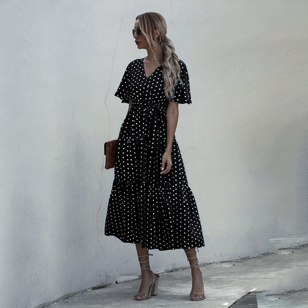 Long Dress Women Summer Casual Polka-dot Floral Print Midi Sundresses Black Elegant Fitted Clothing 2020 Red Dresses For Women