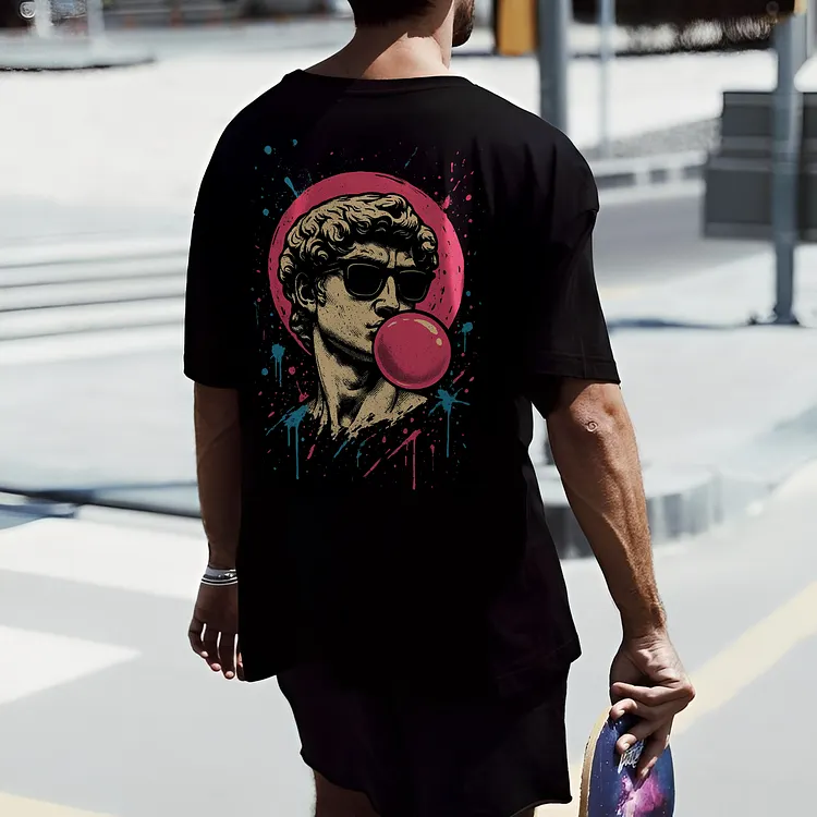 David Sculpture Style With Sunglasses And Pink Bubble Gum Splatter Printed Men's T-shirt