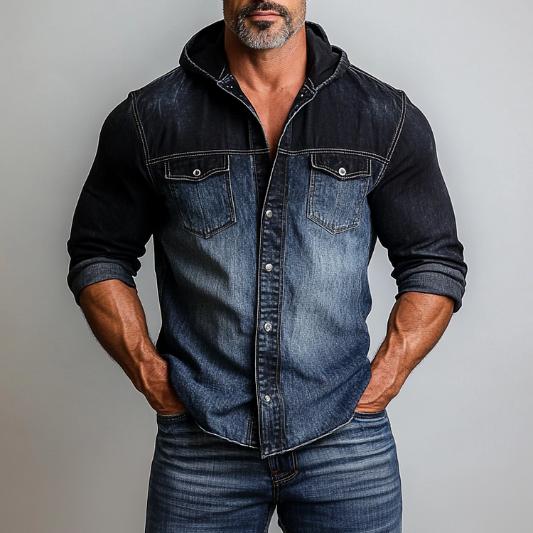 Men's Washed Denim Long Sleeve Metal Button Hooded Shirt