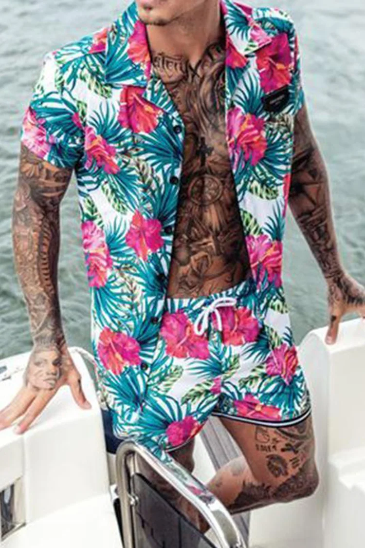 Broswear Men Floral Printed Short Sleeves Two-Piece Suits