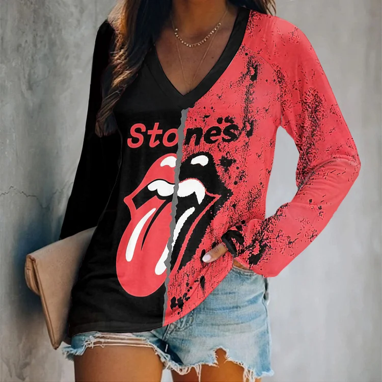 Stones 2024 Hackney Diamond Tour Fun Lip Contrast  V Neck Long Sleeve T-Shirt