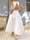 White Color V-Neck Backless A-Line Wedding Midi Dress