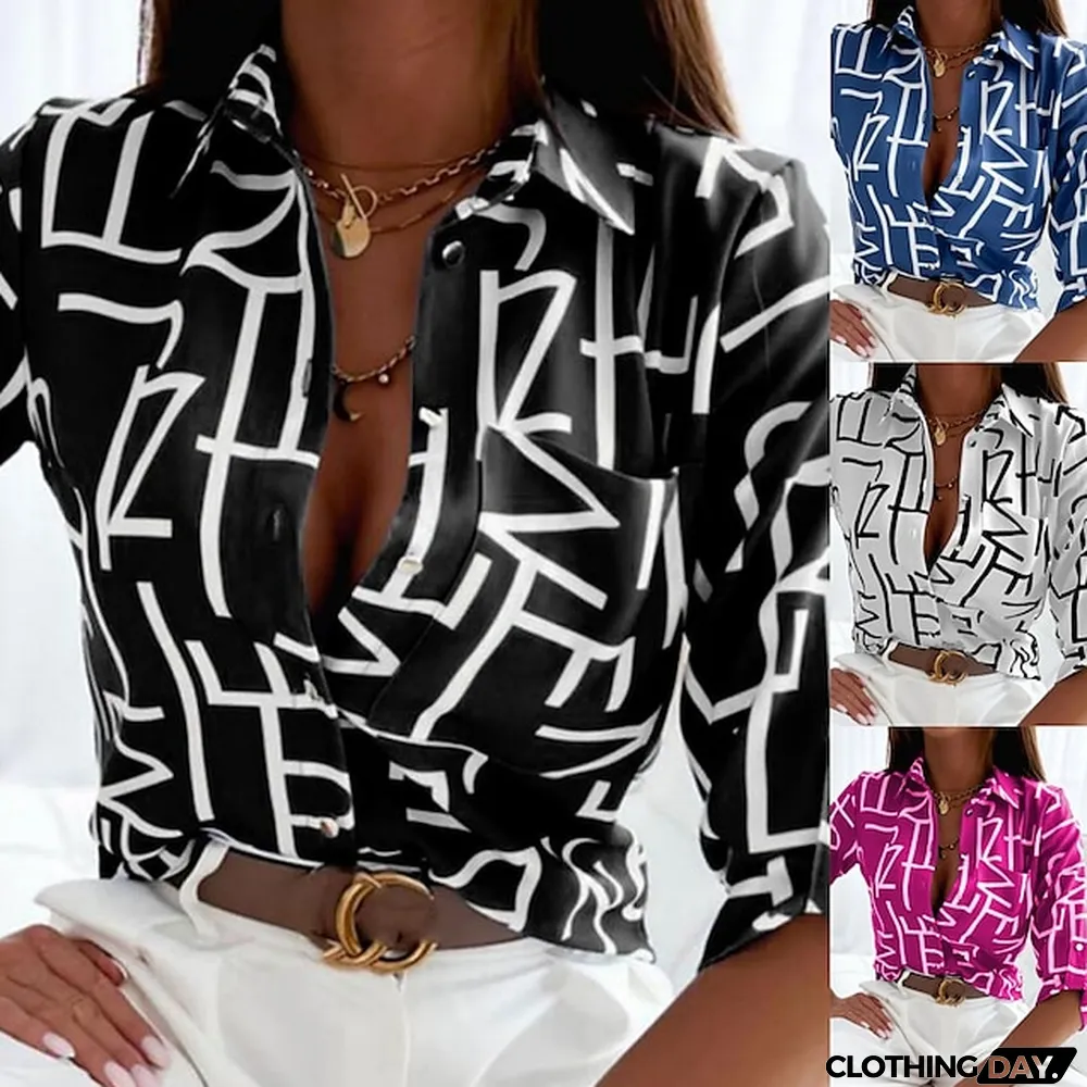 Blouse Women's Black White Blue Striped Knitted Street Daily Daily Basic Shirt Collar S