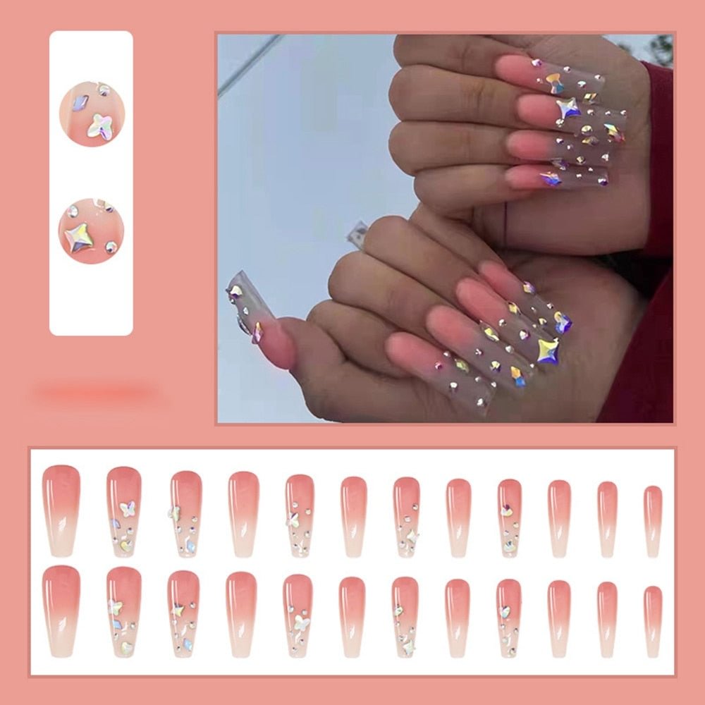 24pcs Long Coffin Fake Nails European Star Pink Gradient Ballerina Nail Art Full Tips with Glue Sticker Detachable False Nails
