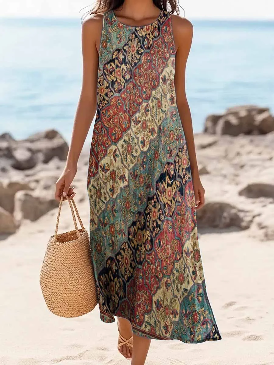 Women's Bohemian Ethnic Totem Art Print Sleeveless Cotton Pocket Dress
