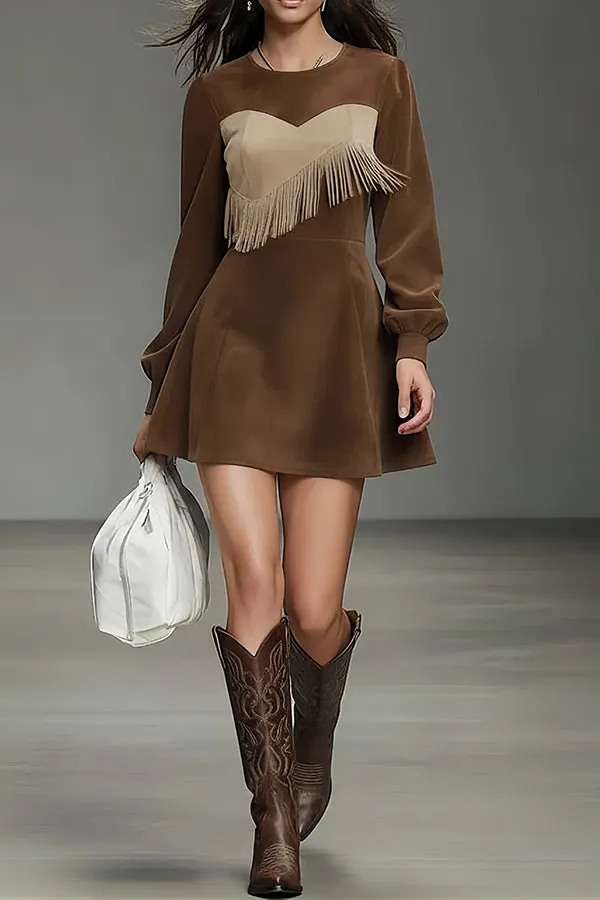 Stylish Color-blocked Tassel Suede Long-sleeved Mini Dress