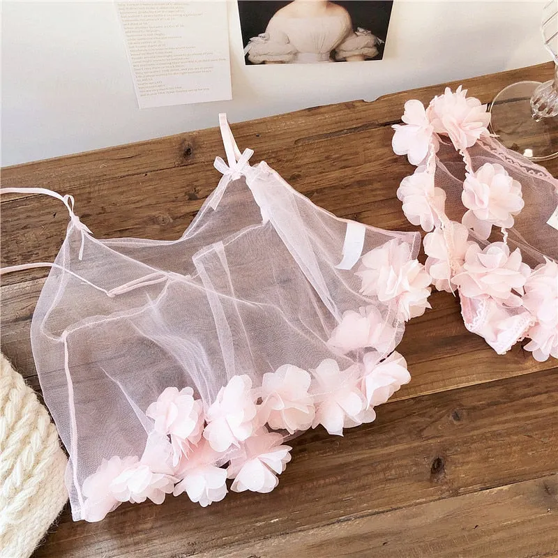 Wriufred sexy petal bud bra set silk gauze transparent vest underwear set pajamas set nightie sweet fairy