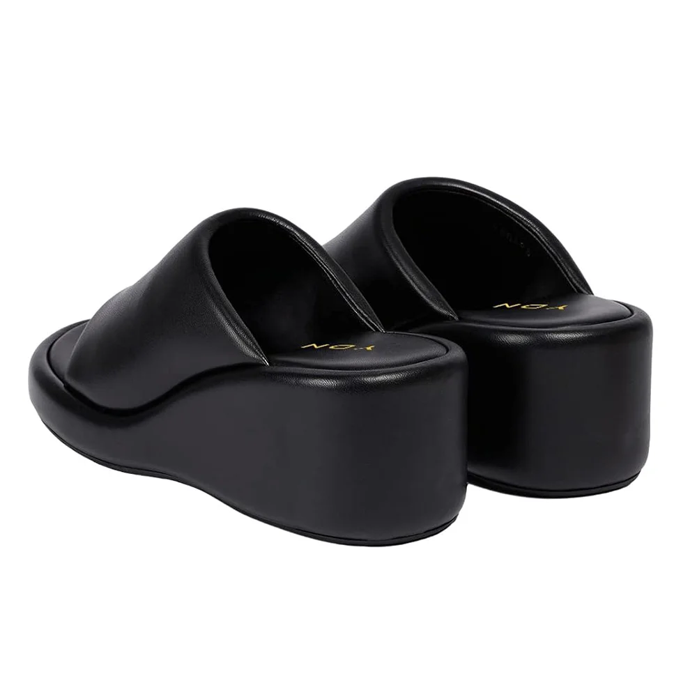 Vegan Leather Round Toe Wide Band Wedge Heel Platform Mules in Black